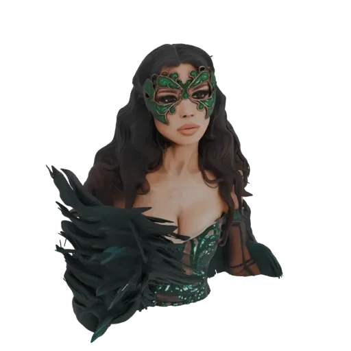 3D model bust of a woman wearing an ornate emerald masquerade mask and costume with dark feather accents.