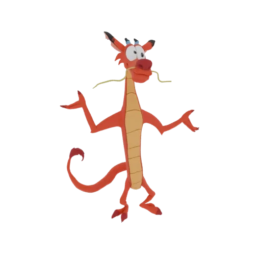 Ein 3D-Modell von Mushu, dem roten Drachen aus Disneys Mulan, in einer verspielten Pose mit ausgestreckten Armen.