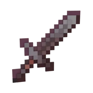 Una renderización 3D de una espada pixelada de Netherita con apariencia metálica oscura y diseño cúbico, sobre un fondo blanc