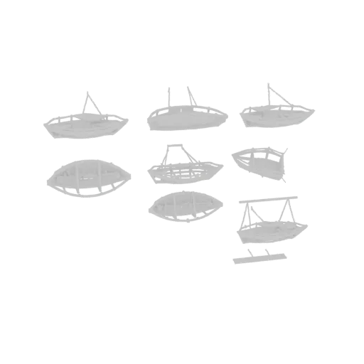 A collection of 8 distinct 3D models of ancient wooden shipwrecks, displayed against a white background.