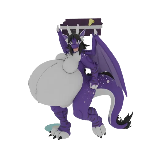A 3D render of a purple dragon with a large belly, dark hair, and wings, holding a spiked club above its head.