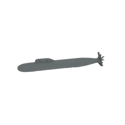A grey 3D model of a modern submarine with a sail and propeller, set against a black background.