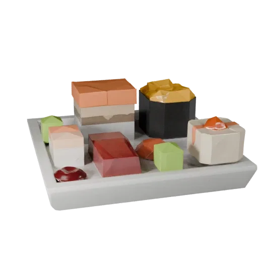 Homestyle Sushi Set Low Poly 3D model, game viewport three-quarter view, showing sauces, plated composition.