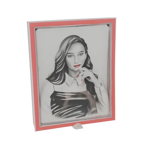 3D model of a pencil sketch portrait of a woman in a coral-colored frame, rendered with realistic detail.