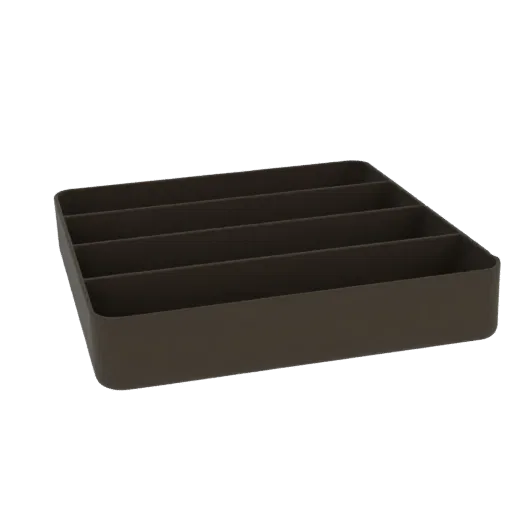 A 3D render of a modern, dark brown desk organizer with four compartments, viewed from a slightly elevated angle.