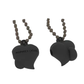 3D model of a dark heart pendant necklace with engraved text and a beaded chain, shown from two angles.