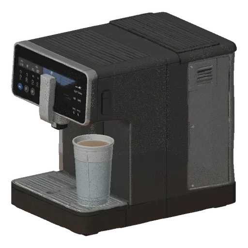 Smart Coffee Machine 3D model, dining room, three-quarter front view, Unreal Engine viewport, plastic detail.