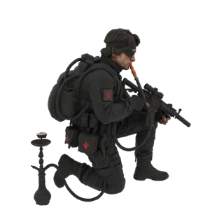 3D model of a soldier kneeling, holding a rifle and smoking a hookah, wearing tactical gear.