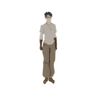 3D-Modell eines jungen Mannes mit dunklen Haaren, bekleidet mit T-Shirt, Cargohose und Handschuhen, in neutraler Pose stehend