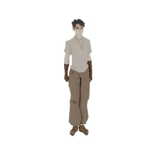 3D-Modell eines jungen Mannes mit dunklen Haaren, bekleidet mit T-Shirt, Cargohose und Handschuhen, in neutraler Pose stehend