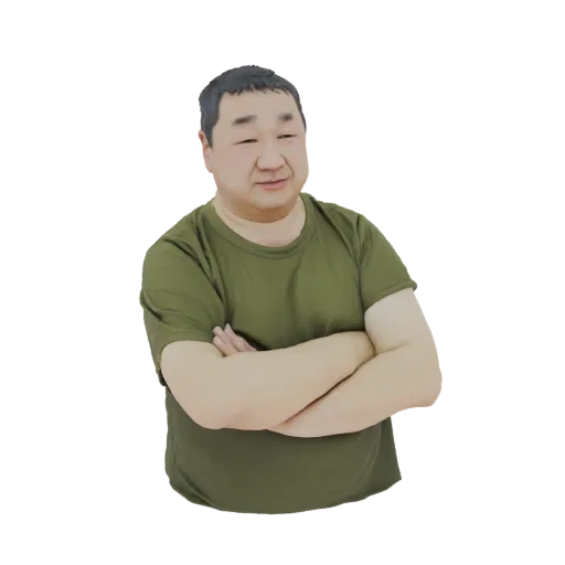 3D model render of a man with East Asian features, short dark hair, wearing an olive green t-shirt with his arms crossed.