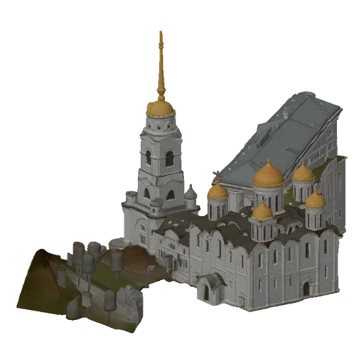 3D model of an Orthodox cathedral with white walls and multiple golden domes, set against a plain background.