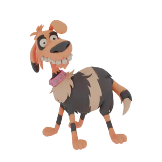 A 3D render of a cartoon dog with a wide, toothy grin, floppy ears, a pink studded collar, and a grey and tan striped coat, s