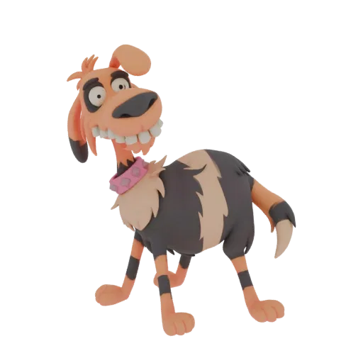 Una renderización 3D de un perro de caricatura con una gran sonrisa dentuda, orejas caídas, un collar rosa tachonado y un pelaje a rayas grises y canela, de pie sobre…