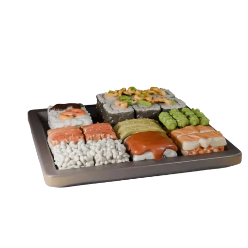Street Food Sushi Set 3D model, three-quarter front view, Unity viewport, showing sauces, plated composition.