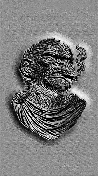 Modelo 3D de bajorrelieve de mono con corona de laurel, fumando un cigarro, con volutas de humo