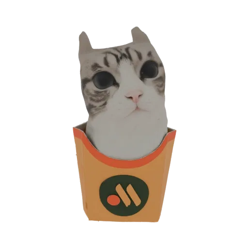 3D model of a cat's head with large eyes peeking out of an orange fast-food box with a green logo.