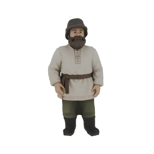 3D model of a Russian peasant man wearing a tunic, hat, and beard, standing against a white background.