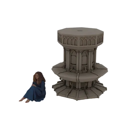 Render 3D de uma detalhada miniatura de torre octogonal gótica com uma figura de mulher sentada ao lado, em fundo branco.