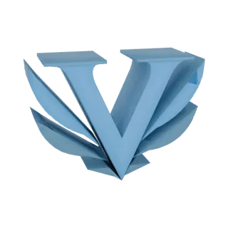 Renderização 3D de um logo 'V' azul estilizado com múltiplas camadas sobrepostas e abertas contra um fundo branco.