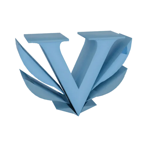 Renderização 3D de um logo 'V' azul estilizado com múltiplas camadas sobrepostas e abertas contra um fundo branco.
