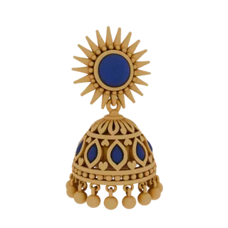 3D-Modell eines goldenen Jhumka-Ohrrings mit Sonnenstrahl-Oberteil und blauem Zentrum sowie blauen Akzenten an der Glocke.