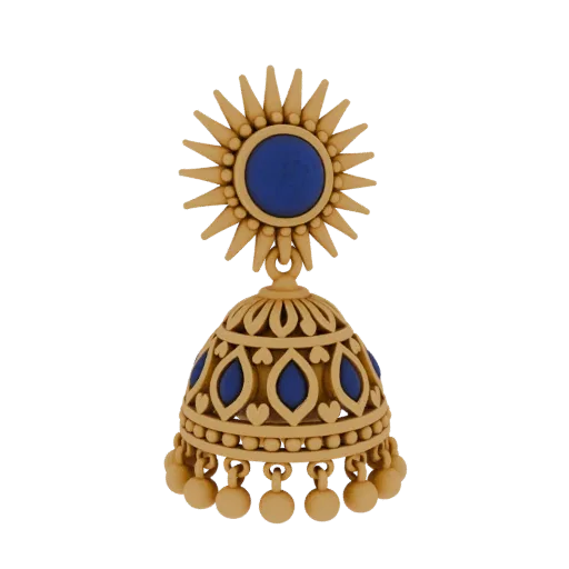 3D model of a golden Jhumka earring with a sunburst top featuring a blue center and blue accents on the bell.