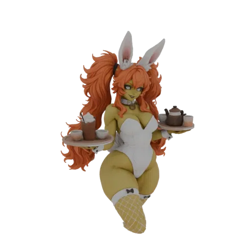 3D model of a bunny girl waitress with orange hair, wearing a white leotard and fishnet stockings, holding two trays with dri