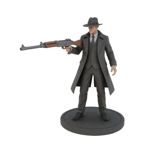 3D model of a gangster in a gray coat and hat, holding a Thompson submachine gun, on a round base.