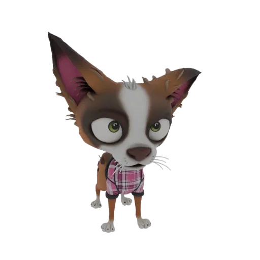 3D model of a stylized chihuahua dog wearing a pink plaid shirt, with large green eyes and big ears.