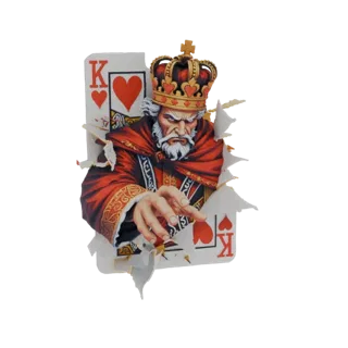 3D-Modell des Charakters König Herz, der durch eine zerrissene Spielkarte bricht, mit ernstem Gesichtsausdruck und königliche