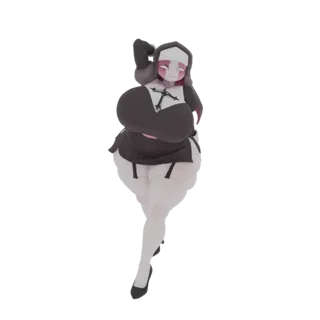 3D model of a curvy nun character with a black and white habit, white stockings, and high heels, striking a dynamic pose.