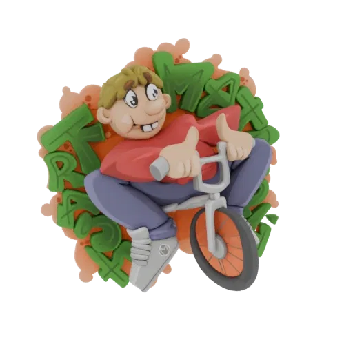 3D model of a cartoon kid with blonde hair riding a BMX bike, giving a thumbs up, with green graffiti letters in the backgrou
