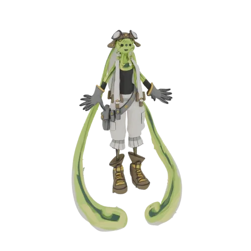 Modelo 3D de un explorador alienígena steampunk con tentáculos verdes, gafas y atuendo blanco, renderizado en estilo pictóric
