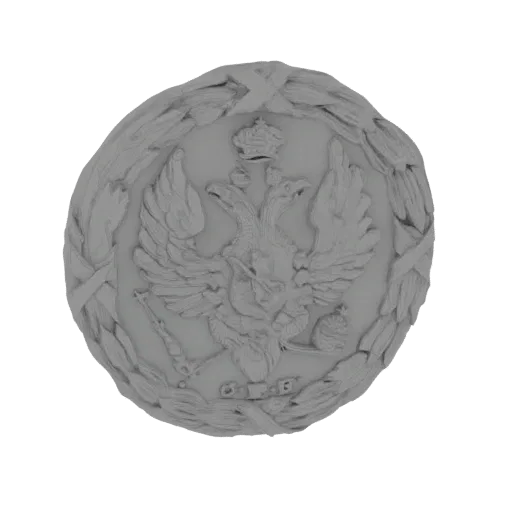 3D model render of the Russian Imperial double-headed eagle emblem, featuring a crowned eagle within a laurel wreath.