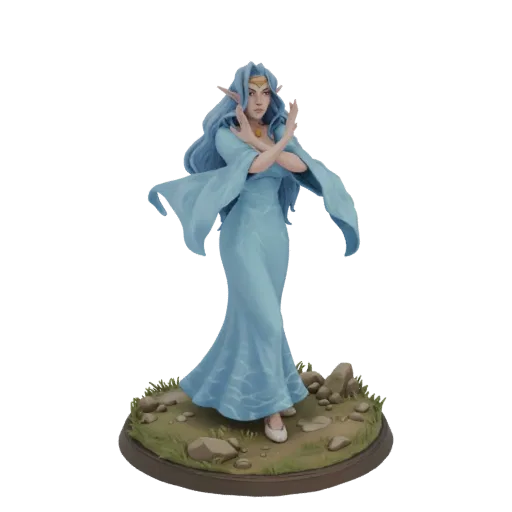 Modello 3D di elegante ninfa acquatica con capelli blu fluenti, vestito azzurro, su base rocciosa.