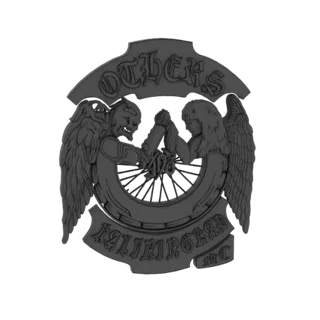 Render 3D di un emblema circolare con un angelo alato e un demone cornuto che lottano per un braccio su una ruota, con testo