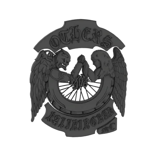 Render 3D di un emblema circolare con un angelo alato e un demone cornuto che lottano per un braccio su una ruota, con testo