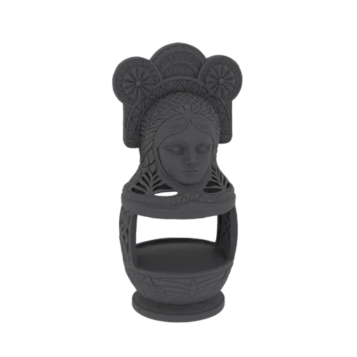 3D model render of a grey Matryoshka doll sculpture with a detailed face and ornate headdress.