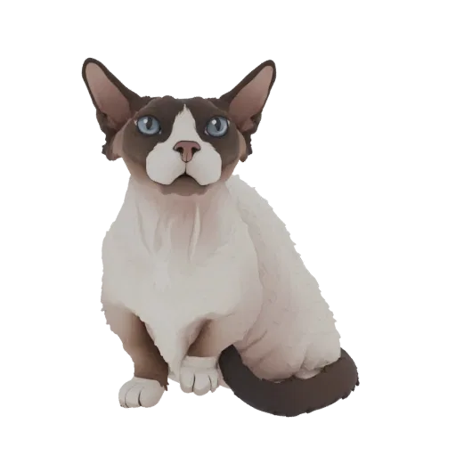 3D model of a Devon Rex cat sitting with blue eyes and large ears, white and brown fur texture, isolated on white background.