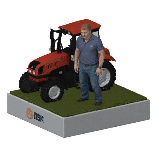 3D model of a farmer figure standing next to a red tractor on a green diorama base.