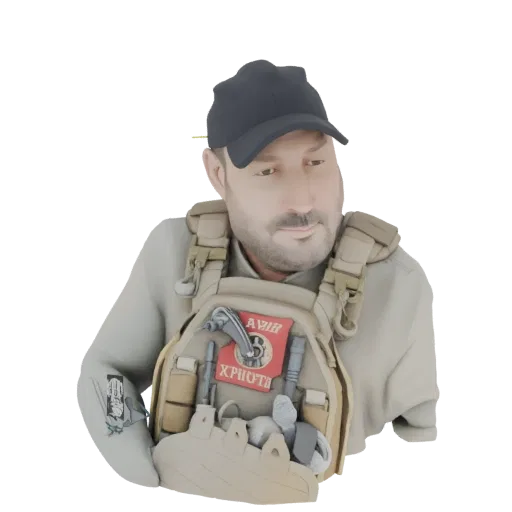 3D model render of a soldier's bust wearing a tan tactical vest and a black baseball cap, with various pouches and gear attac