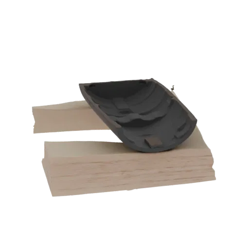 Modelo 3D de um mini barco a remo escuro pousado sobre uma pilha de livros marrons claros, contra um fundo branco.