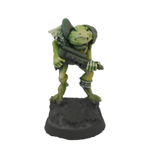 3D model of a green frog warrior standing on a rocky base, holding a futuristic rifle, painted in a realistic style.