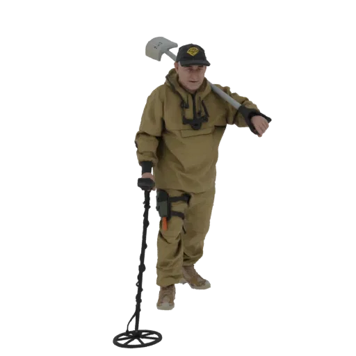 3D model of a man in khaki clothing, holding a metal detector and carrying a shovel.
