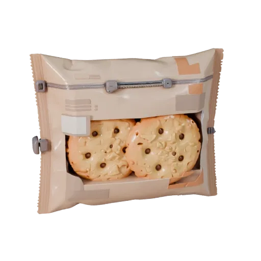 Bagged Cookie Pack Stylized 3D model, stylized isometric render, showing cardboard, package massing.