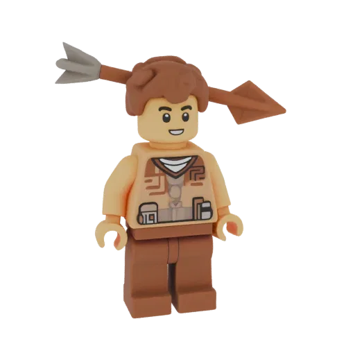 3D model of a LEGO-style child miniature with an arrow through its head, on a black background