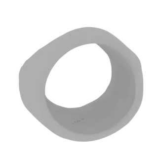 Una representación 3D de un anillo geométrico abstracto, liso, gris mate, con curvas orgánicas y fluidas, presentado sobre un