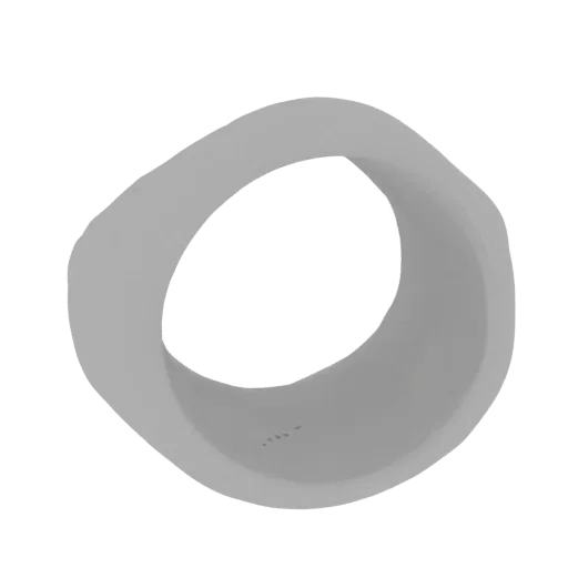 A 3D render of a smooth, matte gray abstract geometric ring with organic, flowing curves, presented against a black background.