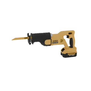 3D-Modell einer gelb-schwarzen DeWalt Akku-Säbelsäge mit Sägeblatt und Akku.
